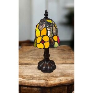 Tiffany Style Cracker Barrel Stained Glass Floral Mini Lamp 10.5" H NEW (B Shlf)